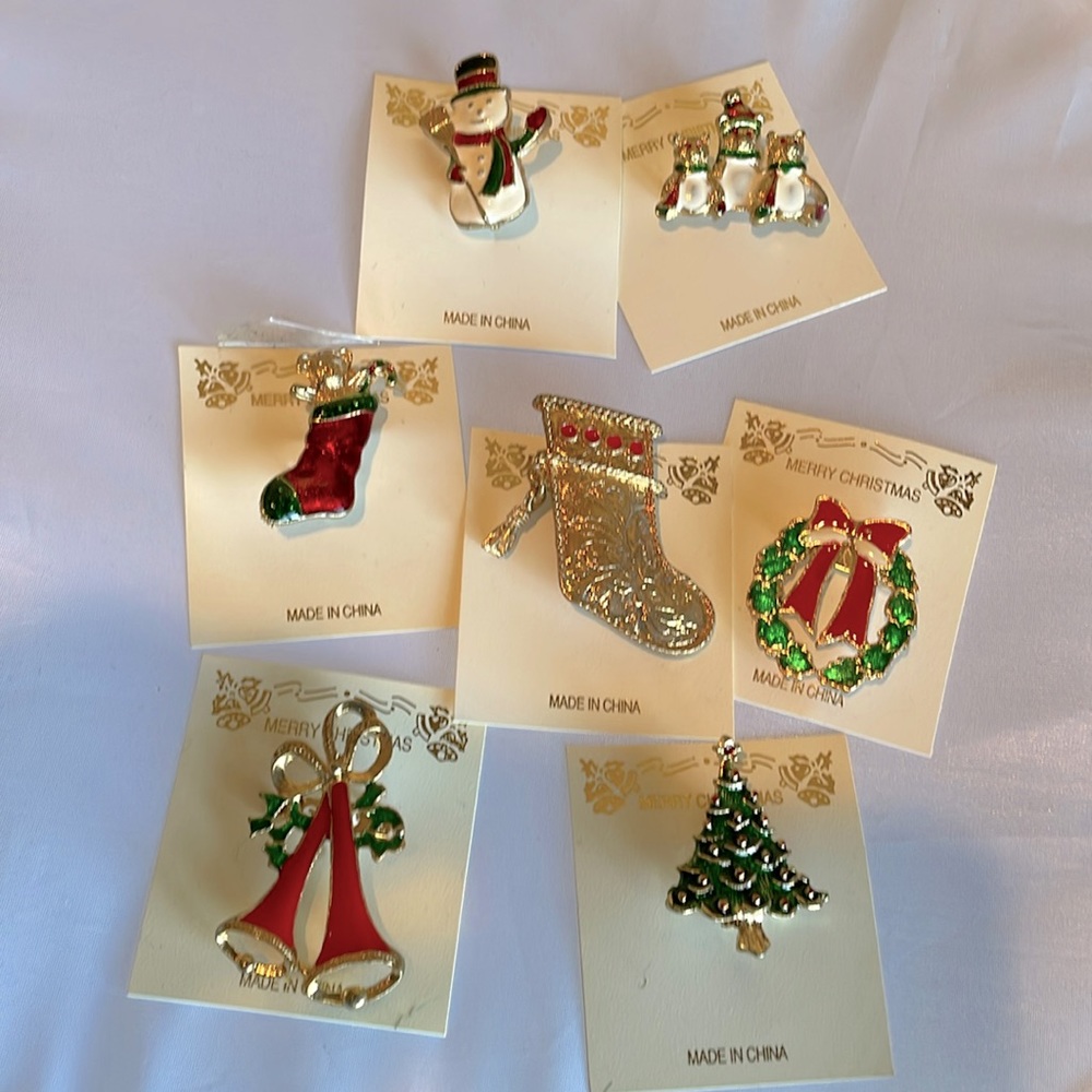 Set of 7 Vintage Enamel Christmas Pins. New.